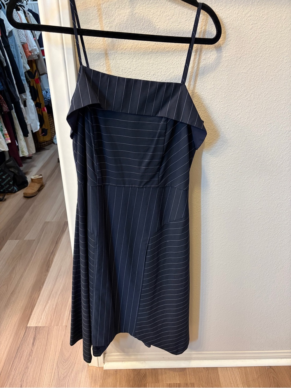 Banana Republic Navy Pinstripe Ruffle-Trim Midi Dress